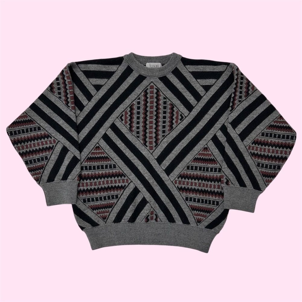 Vintage 90s Tosani Abstract Geometric Grandpa Knit Crewneck Sweater Wool Large